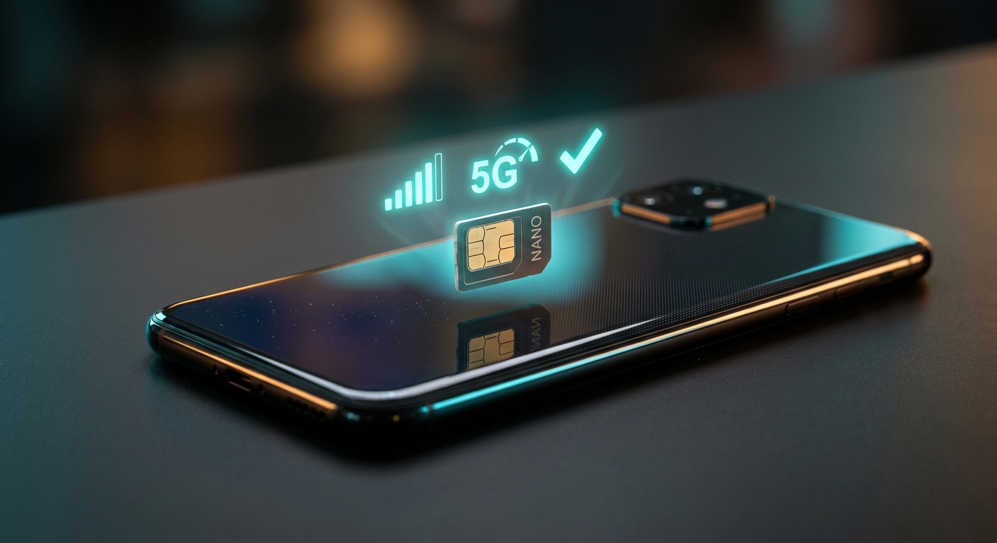 כרטיס ננו סים (Nano SIM) צף מעל סמארטפון עם אייקונים מוארים של רשת דור 5 (5G), מד קליטה מלאה וסימן אישור